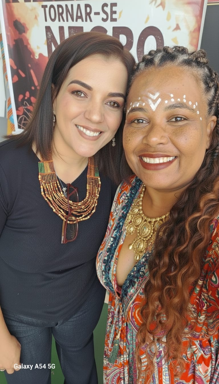 Lília Gonçalves com a professora Letícia Rosa durante a II Feira Científico-Cultural Afro-Brasileira — UBUNTU