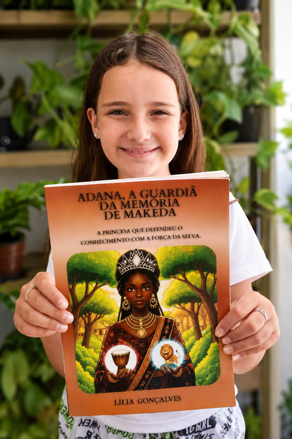 Valentina sorrindo e segurando o livro Adana, a Guardiã da Memória de Makeda